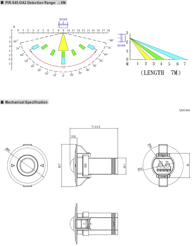 Meanwell PIR-045-DA2 price and specs DALI-2 PIR Motion Sensor powered by DALI Bus range 6M Detection Angle 120˚ ycict