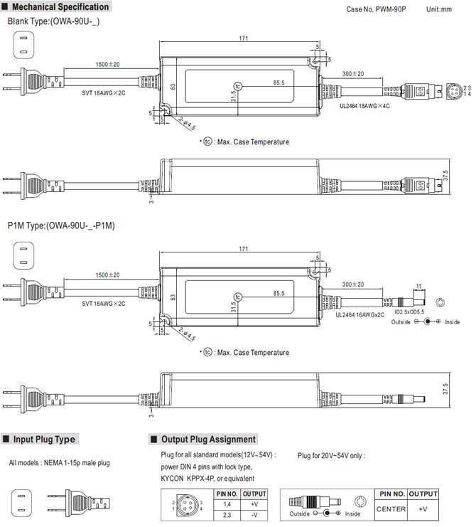 Meanwell OWA-90U-30 price and datasheet 90W Single Output AC/DC Adaptor 3a OWA-90U-12 15 20 24 30 36 42 48 54 YCICT