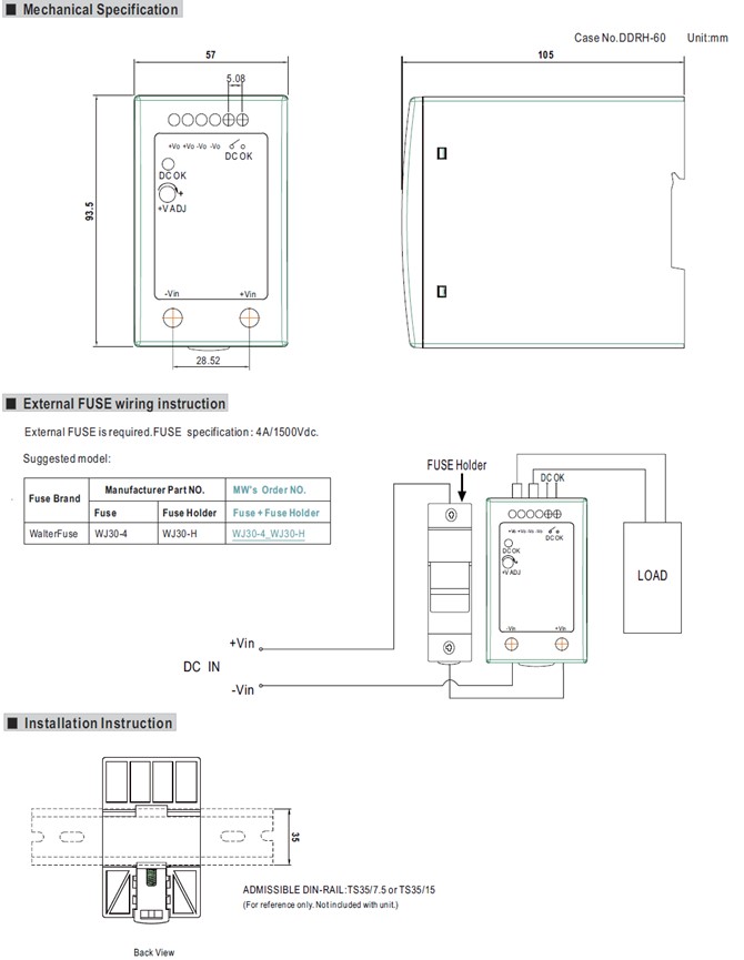 Meanwell DDRH-60-24 price and datasheet 60W Wide Input DIN Rail Type DC-DC Converter DDRH-60-5/12/24/48 24v 2.5a YCICT