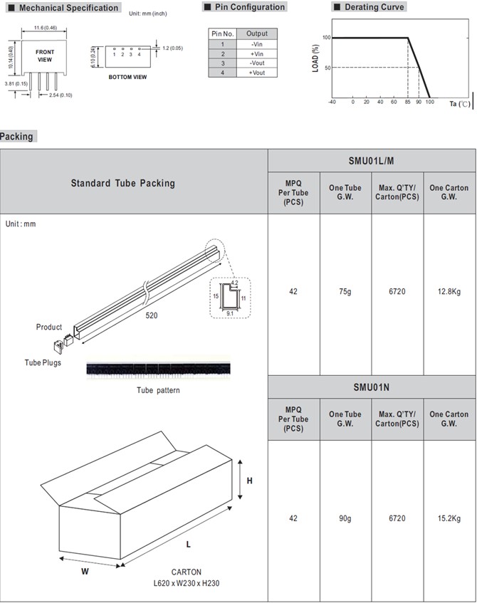 SMU01M-05 Meanwell Power Supply 1W DC-DC Unregulated SIP SMD Single Output Converter SMU01-05 SMU01L-05 SMU01N-05 YCICT