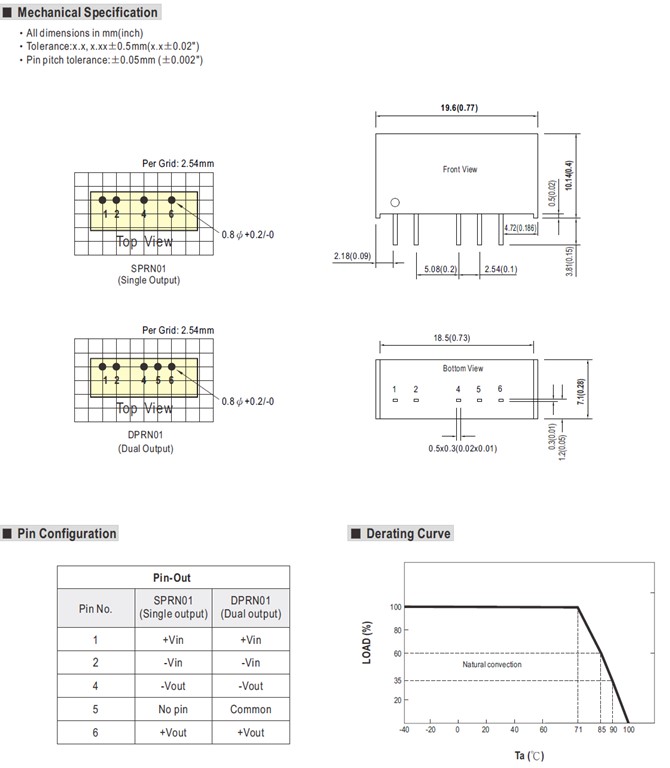 SPRN01N-05 Meanwell Power Supply 1W DC-DC Converter SIP6 SPRN01N SPRN01N-12 SPRN01N-15 Single Output DPRN01 YCICT