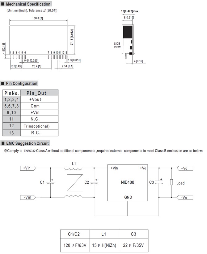 NID100 Meanwell Power Supply 100W DC-DC Non-Isolated Regulated Converter NID100-5 NID100-12 NID100-15 NID100-24 YCICT