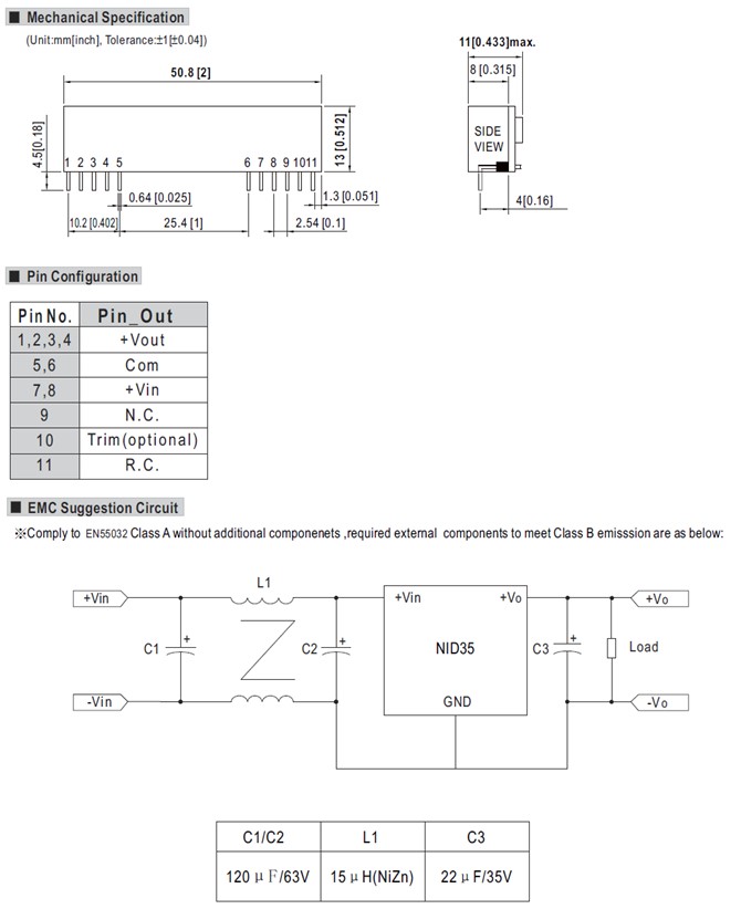 NID35 Meanwell Power Supply 35W DC-DC Non-Isolated Converter NID35-5 NID35-12 NID35-15 NID35-24 NID Series YCICT