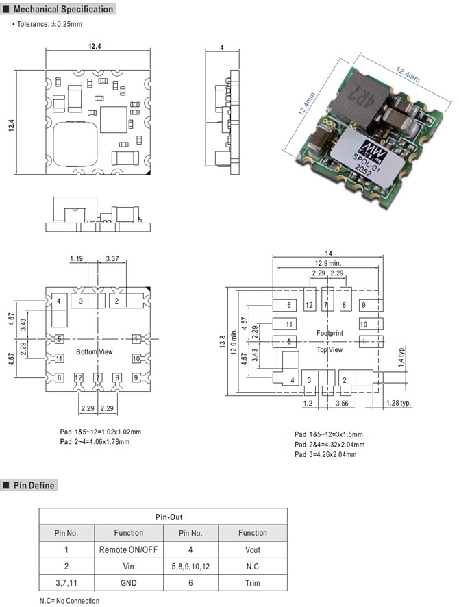 SPOL-01 Meanwell Power Supply 1Amp SMD Package Non-Isolated Programmable DC-DC POL Regulator SPOL-12 SPOL Series YCICT