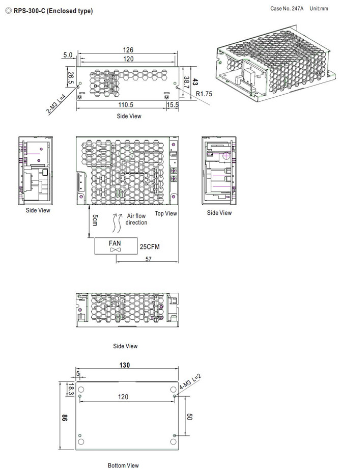 Meanwell RPS-300-15 Mechanical Diagram